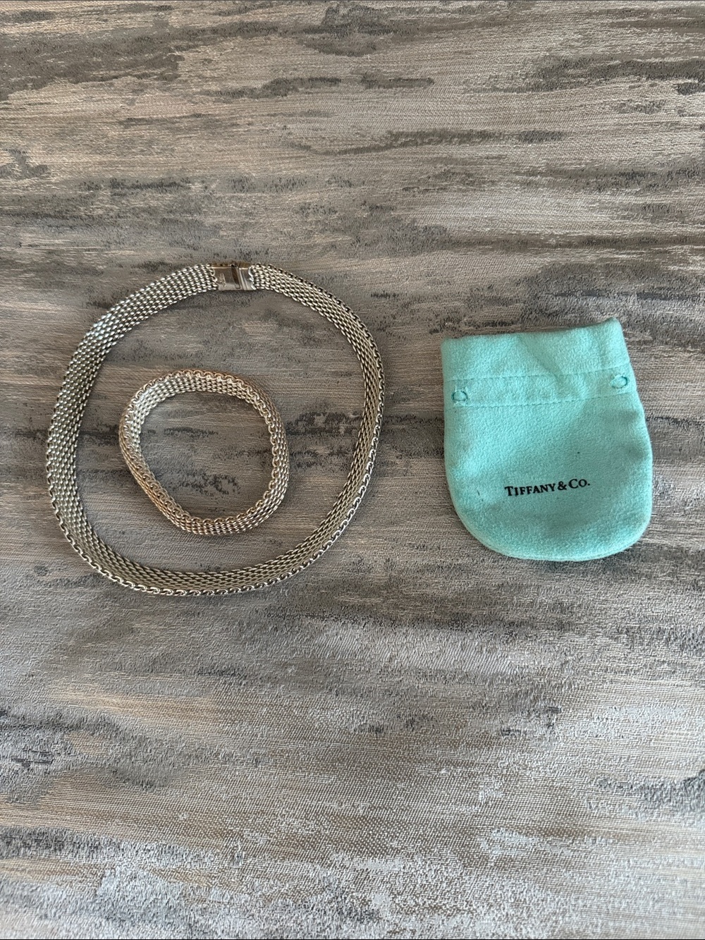 Tiffany & Co. Silver Mesh Necklace with Matching Bracelet and Blue-Green Pouch